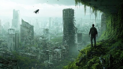Fototapeta premium Post apocalyptic Cityscape with Man Standing on Overgrown Cliff
