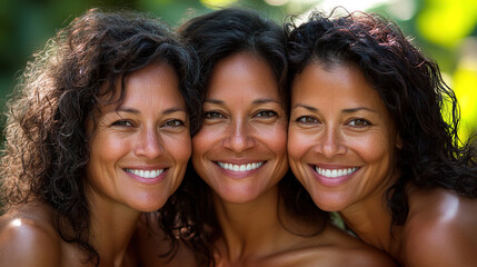 Fototapeta premium Portrait of Three Beautiful Women with Curly Hair and Golden-Brown Skin, Smiling and Posing Outdoors in Warm Sunlight