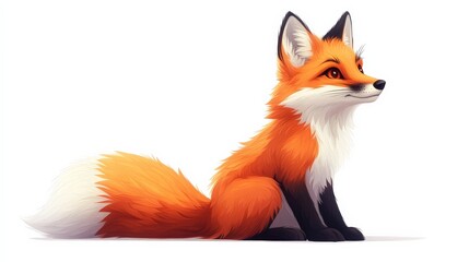 Obraz premium Curious Fox: A charming fox with a playful spirit, sitting on a white background in a whimsical, hand-painted style. This image is perfect for projects that need a touch of whimsy and charm. 