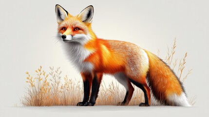 Fototapeta premium Red Fox in the Meadow: A striking depiction of a red fox, captured in a moment of serene beauty. This digitally painted masterpiece showcases the fox's vibrant fur, captivating gaze, and elegant postu