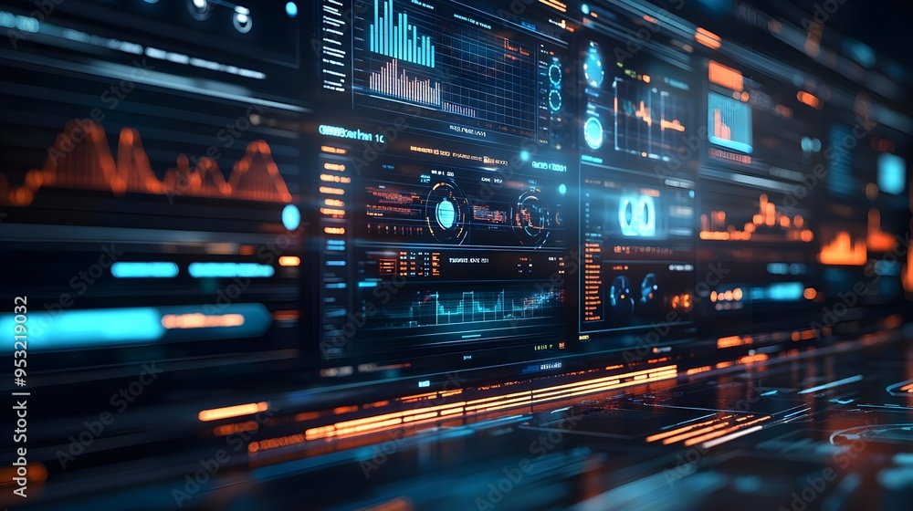 Poster futuristic digital interface with data analysis graphs