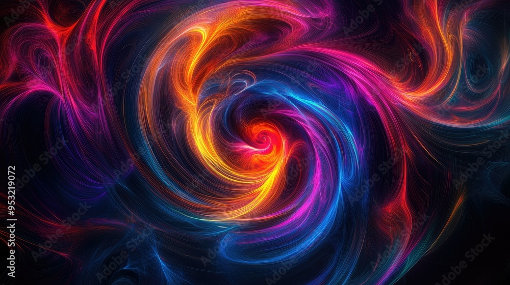Poster a swirling, abstract pattern of bright, neon colors on a dark background, creating a dynamic and ene