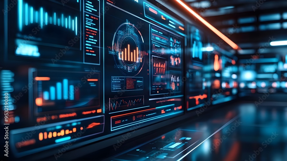 Poster futuristic digital interface with data analytics charts