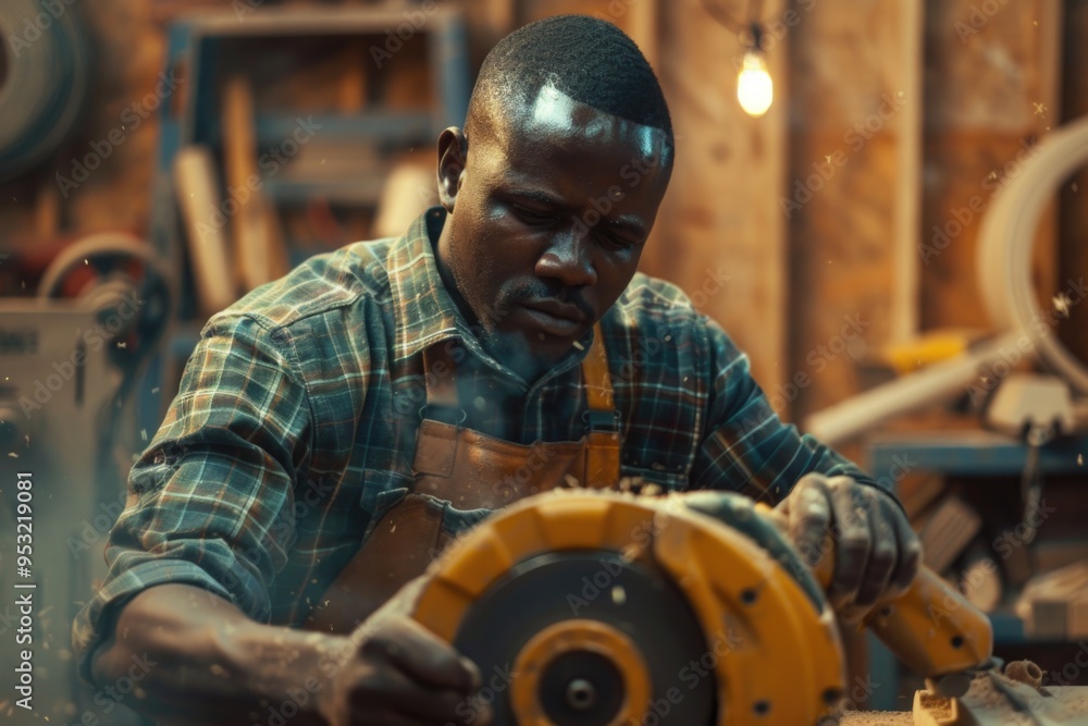 Poster a person operating a circular saw in a well-lit industrial setting, suitable for use in diy tutorial