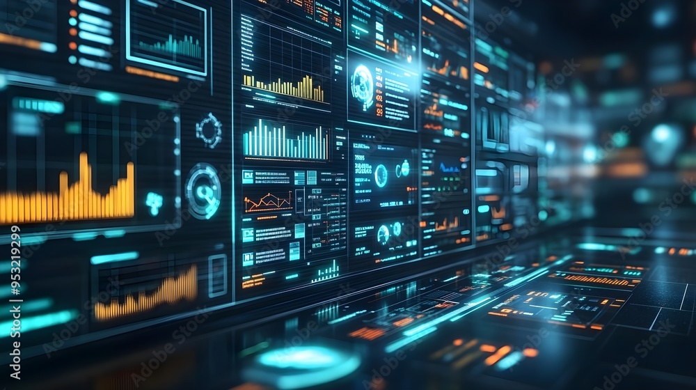 Poster futuristic digital interface with data visualizations