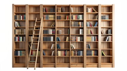 Wooden bookshelf with ladder displaying a variety of colorful books, cut out transparent