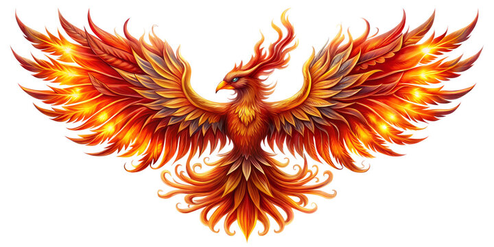 A vibrant phoenix soaring majestically amidst fiery hues, cut out transparent