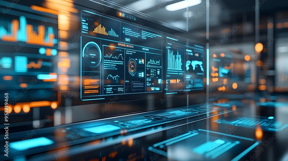 Poster futuristic digital interface with graphs and charts