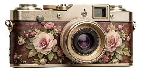Vintage camera with floral design featuring roses on wooden surface, cut out transparent