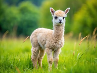 Fototapeta premium Adorable newborn alpaca stands unsteadily on wobbly legs, soft fur fluffed up, curious eyes blinking, in a verdant meadow surrounded by lush green grass.