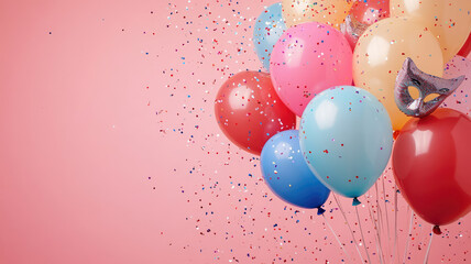 balloons and masks were confetti on a pink background, extremely detailed image