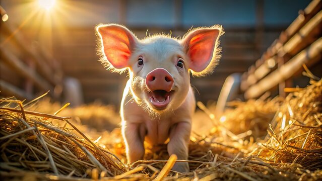 Adorable little piglet's eyes widen in excitement, tiny hooves clenched, and mouth open in a silent squeal of delight, surrounded by soft hay and sunlight.