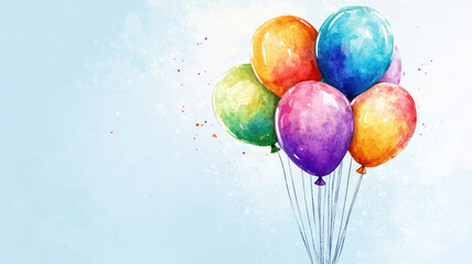 bunch of watercolor bright balloons on light blue background, space for text. banner design. happy birthday celebration, detailed high resolution image