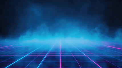retro-futuristic dark blue backdrop with neon grid and fog sets the tone for vintage product releases, detailed hyper realistic image