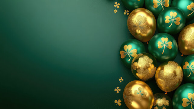 green background with golden clovers and green gold balloons,happy birthday party, christmas, empty space for text, banner, st. patrick's day card, green balloons, detailed high resolution image