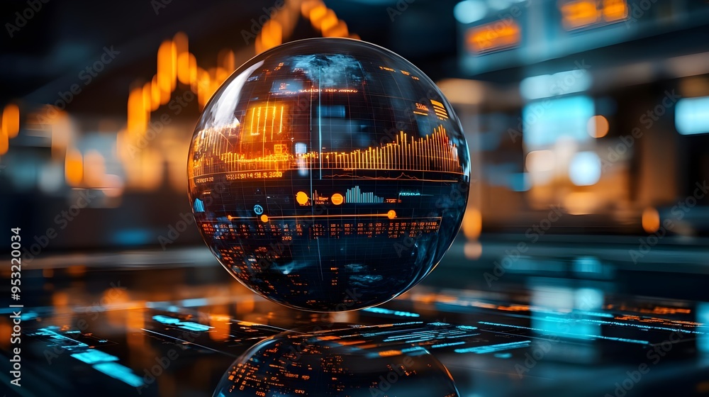 Poster futuristic globe with data and graphs - digital technology concept