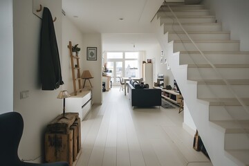 A photo of the interior of an apartment in Amsterdam, a white staircase with wooden steps and white walls. The upper floor is an open plan living room and dining area with modern furniture 