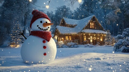 Obraz premium Red-scarfed snowman standing in a snow-covered yard, with twinkling lights and a cozy cabin adding a warm glow to the scene.