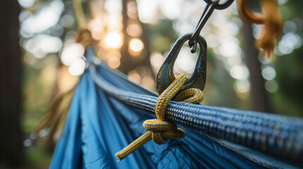 Close-up of the hammockâs attachment point on a hook, showing the metal and rope interaction.