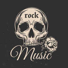 Rock Music. Vintage print, logo, badge design with Human skull and rose silhouette. Vector illustration.