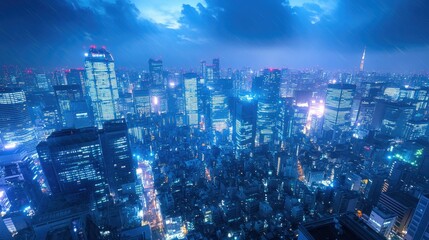 A wide view of a blue cityscape at dusk, with lights beginning to twinkle across the skyline