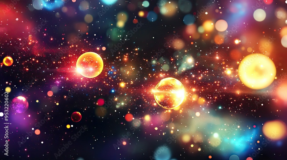 Poster abstract background with bright, glowing orbs of color floating on a dark, starry backdrop