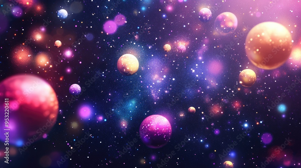 Poster abstract background with bright, glowing orbs of color floating on a dark, starry backdrop