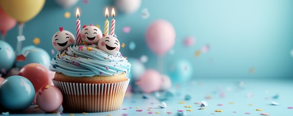 A delicious birthday cupcake decorated with smiling emoticons and candles surrounded by colorful balloons and confetti The perfect image for celebrating a birthday or special occasion