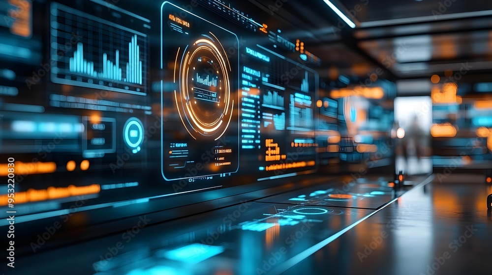 Poster futuristic interface with data analysis and charts
