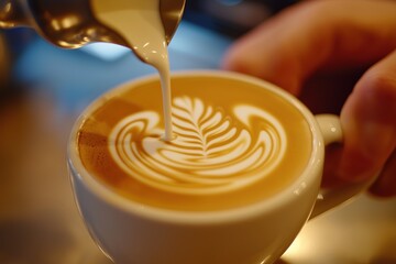 Barista making latte art with milk in a white cup at a coffee shop