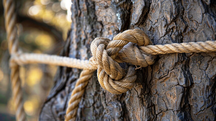 Close-up of a hammock&acirc;s ropes tied around a tree trunk, emphasizing the secure knot and bark texture.