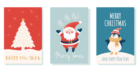 Christmas Greeting Hand Drawn card set. Drawing Merry Xmas invitation vector cards with Doodle xmas tree, Santa and Cute penguin. Cards, poster for the winter Holiday. Modern Flat Christmas background