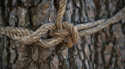Close-up of a hammock&acirc;s ropes tied around a tree trunk, emphasizing the secure knot and bark texture.