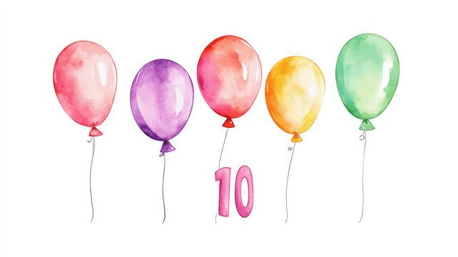 watercolor 10th birthday clip art with 10 figures and balloons isolated on white background, ai, detailed high resolution image - Powered by Adobe