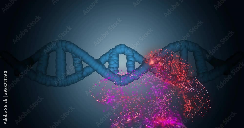 Poster dna strand with particles and glowing effects, scientific data processing animation