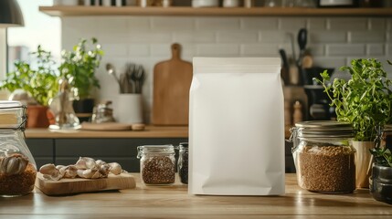 Kitchen Countertop with White Package Mockup and Ingredients