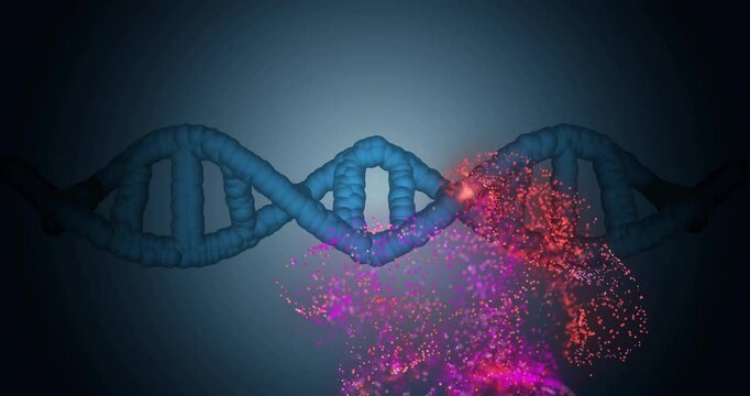 DNA strand with particles and glowing effects, scientific data processing animation