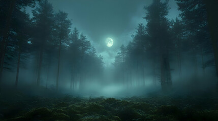 Fototapeta premium A mysterious moonlit forest path through tall trees, shrouded in fog.