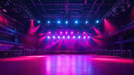 An empty concert venue with a large stage, vibrant LED lights, and sound systems ready for a show
