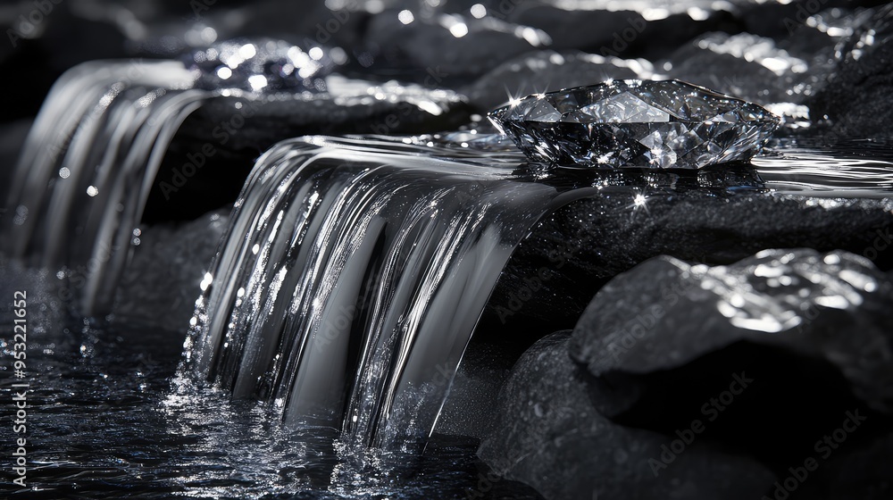 Poster a luxurious stream of liquid diamond cascading over smooth black rocks, with soft light reflections 
