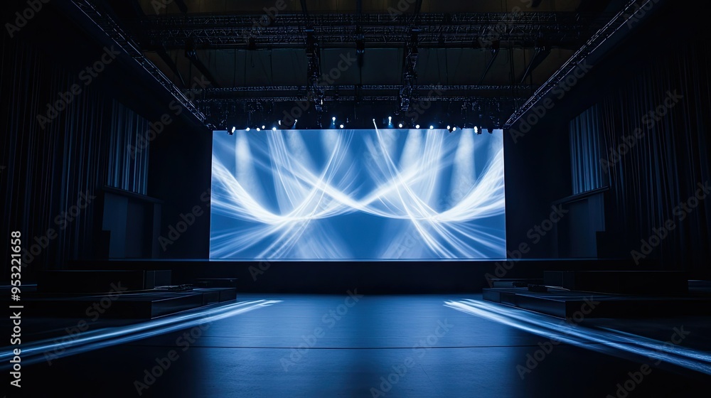 Poster an empty stage with a large led screen displaying dynamic visuals, creating an immersive concert exp