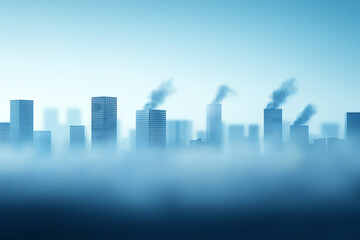 Fototapeta premium Urban skyline disappearing into fog with smoke rising from buildings, creating a mysterious and atmospheric scene of a city.
