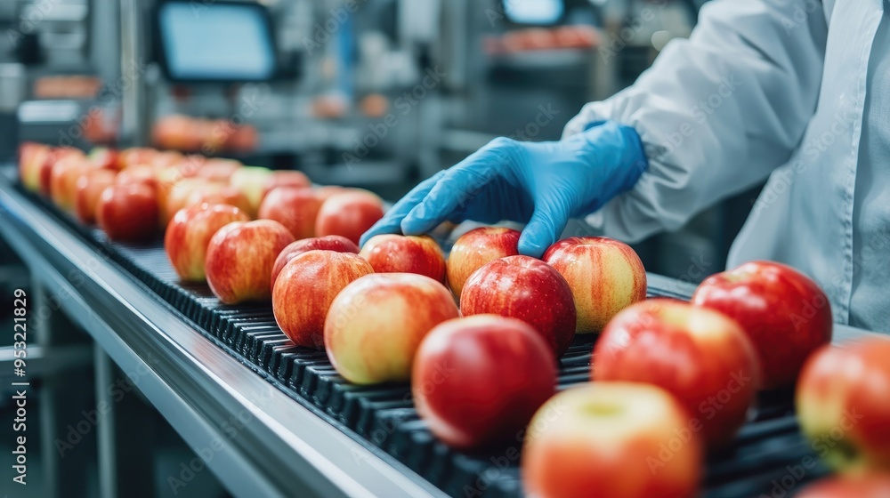 Poster technologist monitors apple production line in a food processing factory, ensuring precision in the 