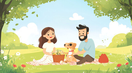 Fototapeta premium A joyful picnic in a sunny park with a couple and their dog on a colorful blanket during a bright spring afternoon