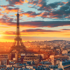 The eiffel tower is standing tall above the paris city skyline during a vibrant golden sunset