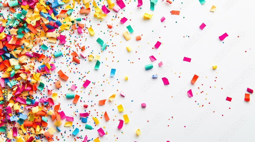 Poster colorful confetti scattered across a white background, creating a festive and joyful abstract patter