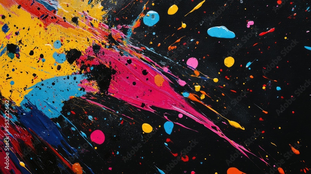 Poster vibrant splashes of paint scattered across a black background, creating a chaotic yet visually strik