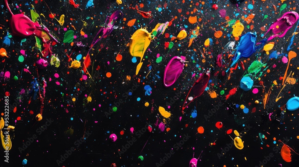 Poster vibrant splashes of paint scattered across a black background, creating a chaotic yet visually strik