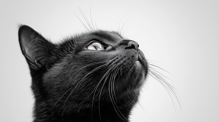 Curious Gaze: A sleek black cat's intense stare captured in classic black and white. 