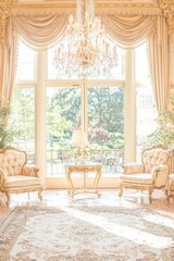 Elegant Living Room with Large Windows  Chandelier  and Ornate Chairs